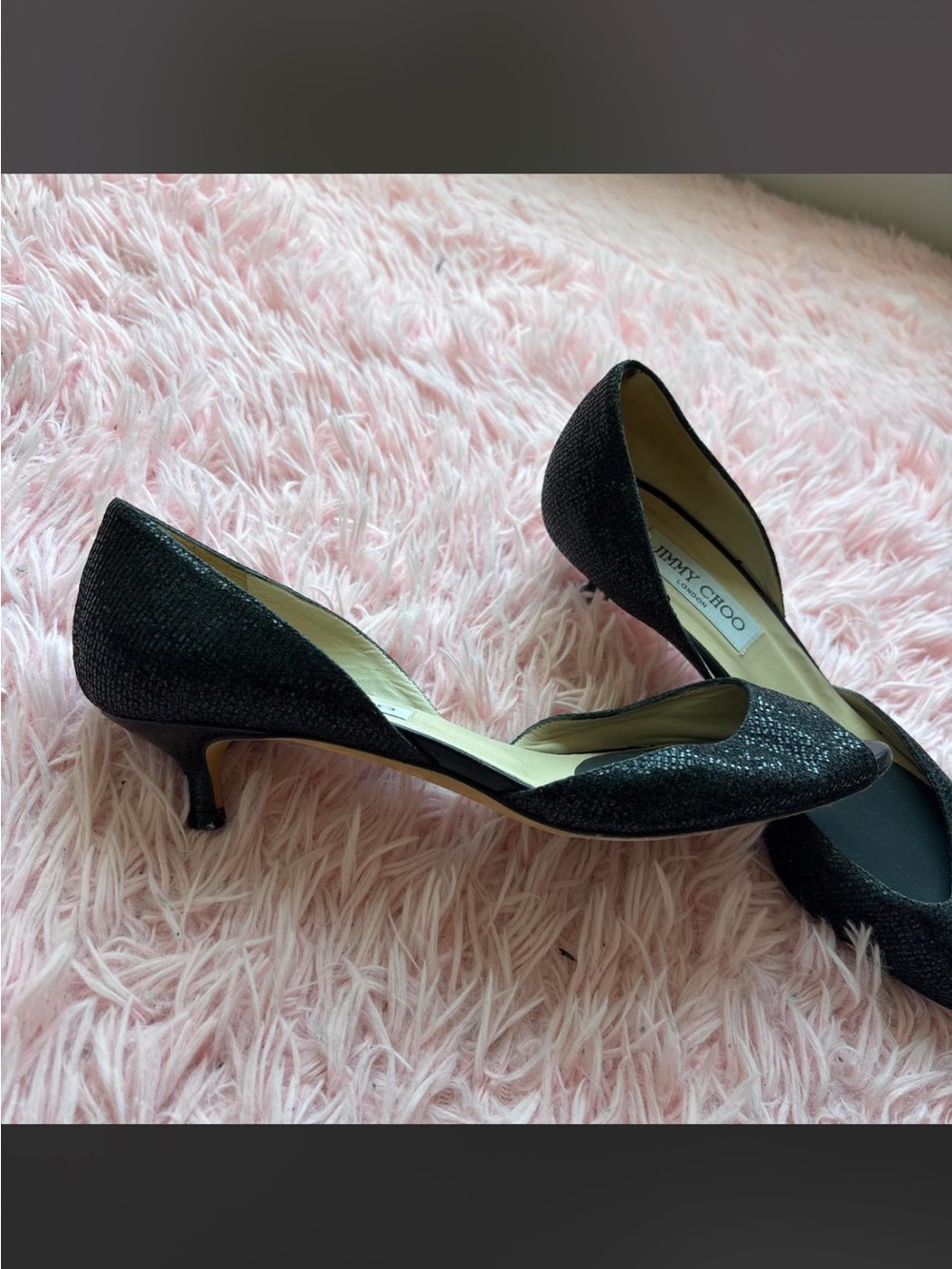 Authentic Jimmy Choo Black Glitter Peep-Toe D'Orsay Kitten Heels - 38.5 - Picture 2 of 5